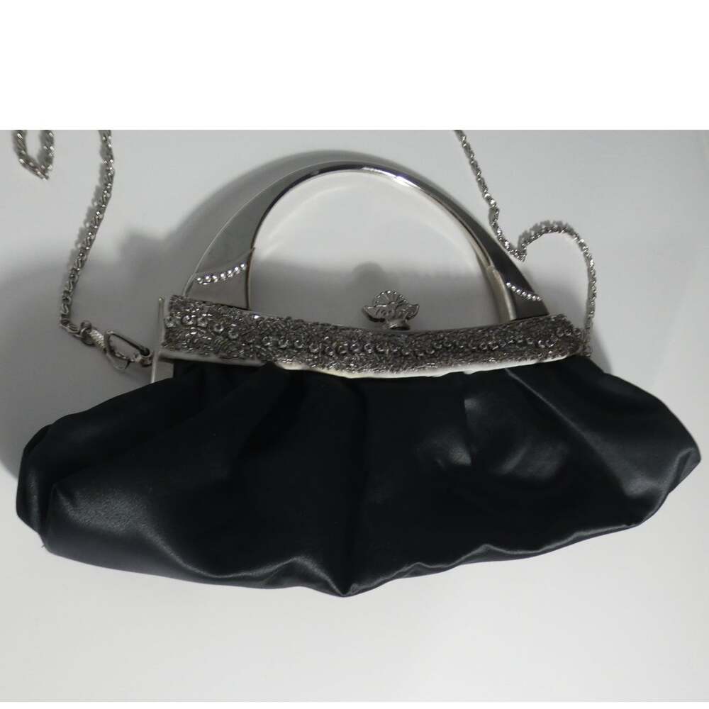 Vintage Mad Bags Black Satin Kiss Clasp Jeweled Chain Strap Clutch Bag